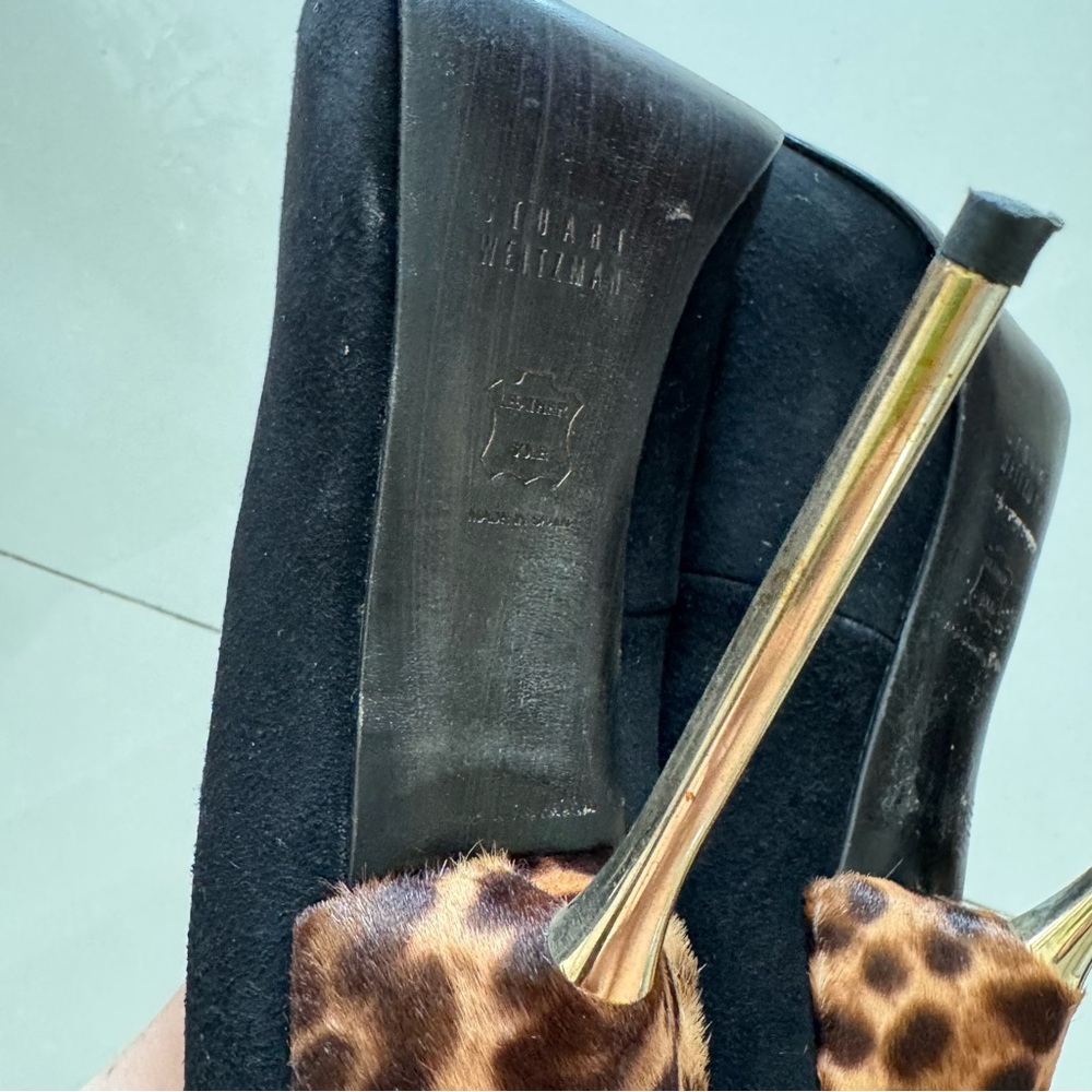 CLOSET SALE | Stuart Weitzman Black Suede with Leopard Print Heels - Picture 8 of 9